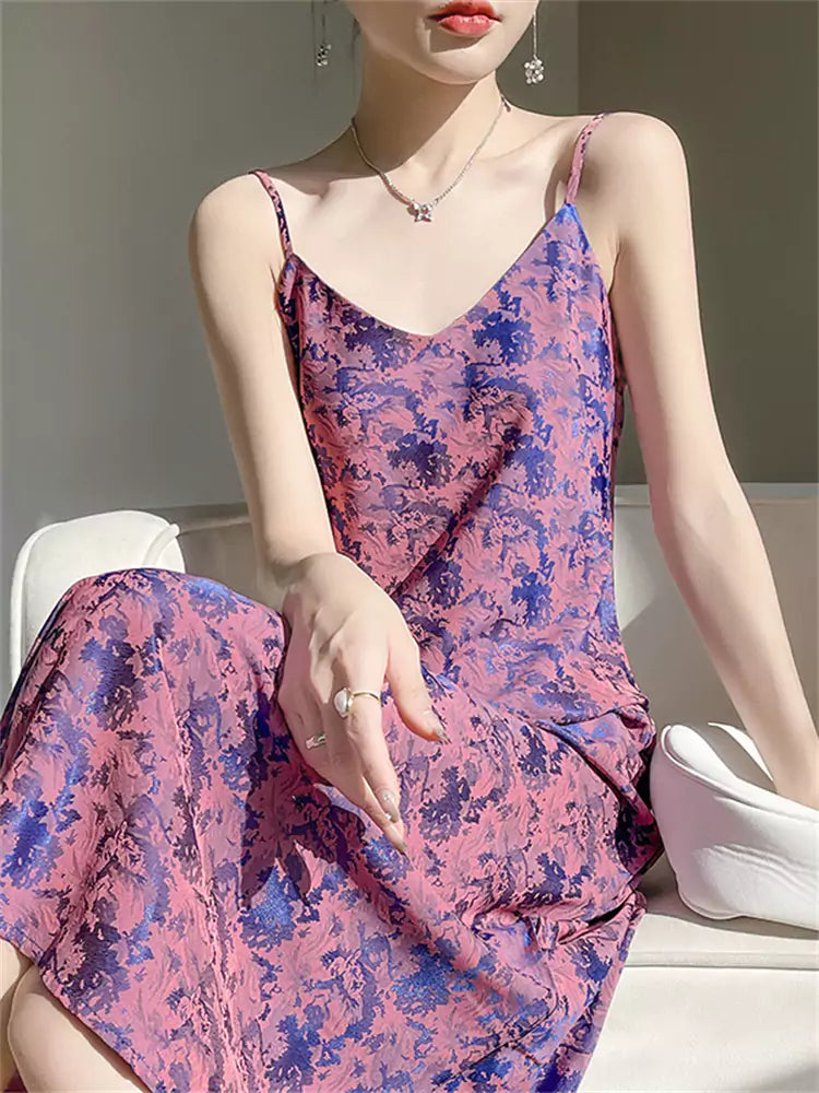 Elegant Blue Silk Slip Dress with Oriental Jacquard and A-Line Silhouette