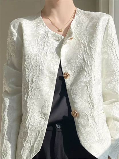 Elegante aprikosenfarbene Jacquard-Jacke mit Rundhalsausschnitt und orientalischem Design