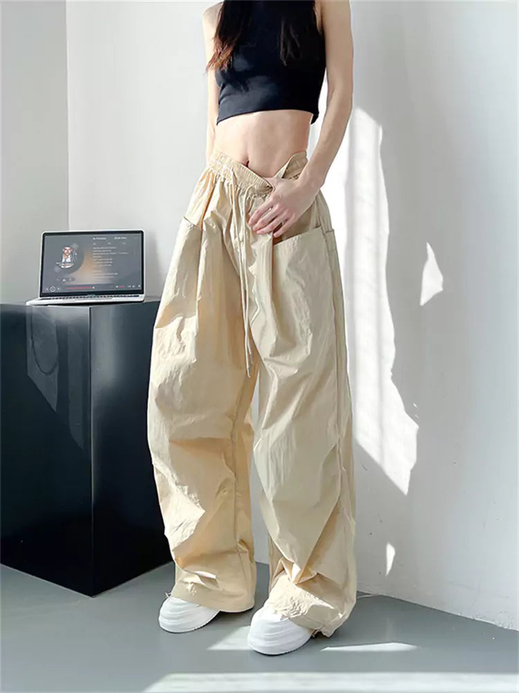 Wide-Leg Summer White Ice Silk High-Waist Loose Cargo Pants for Women