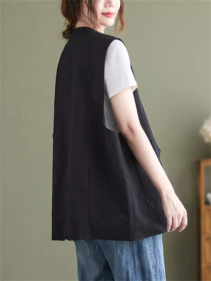 Plus Size Pockets Solid Color Cotton Vest for Women