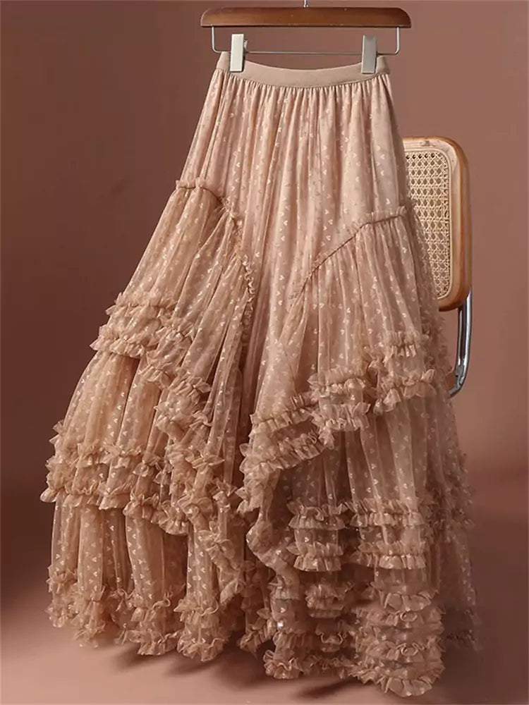 Plus Size Fairycore Tiered Mesh Maxi Skirt with Jacquard Hearts