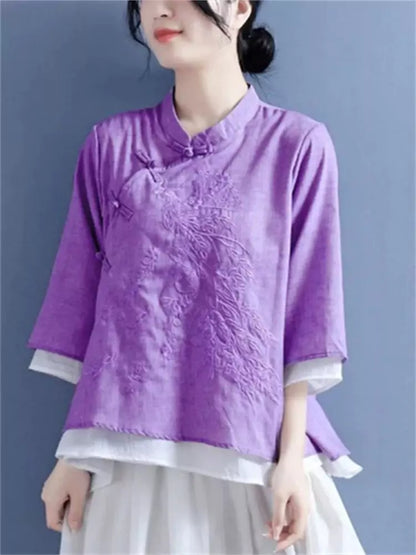 Sommerliche neue Baumwoll-Leinen-Bluse im Zen-Stil mit Stickerei und 3/4-Ärmeln