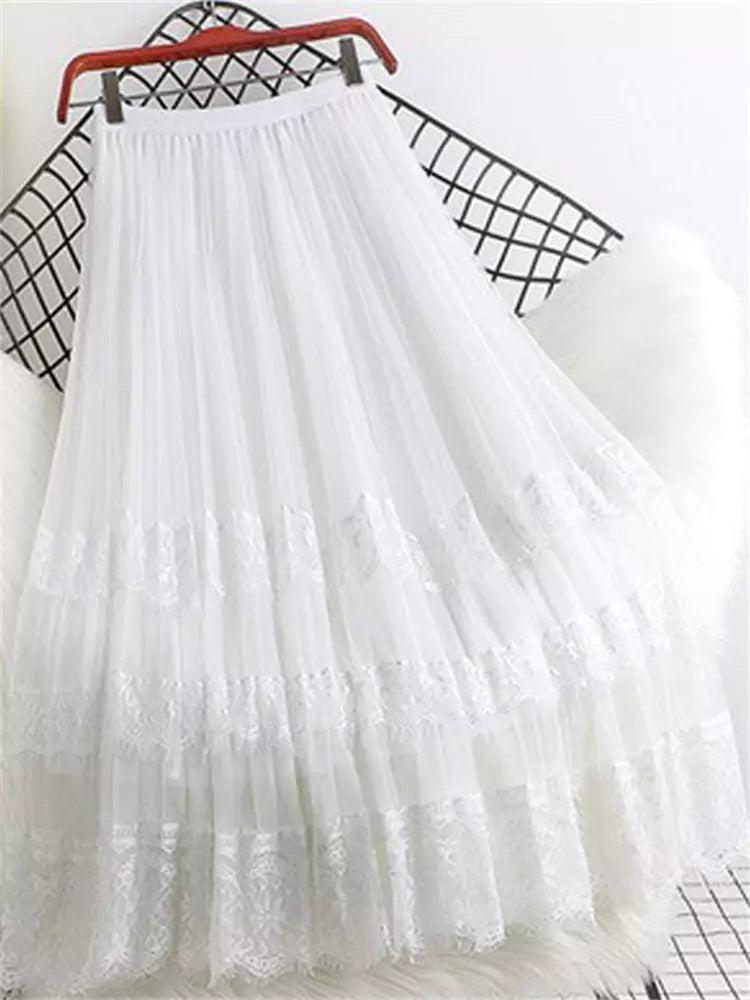 Plus Size A-Linien-Rock aus Mesh mit Spitzeneinsatz und Falten, Midi-Länge, plissiert, aus Spitze und Mesh in verschiedenen Größen