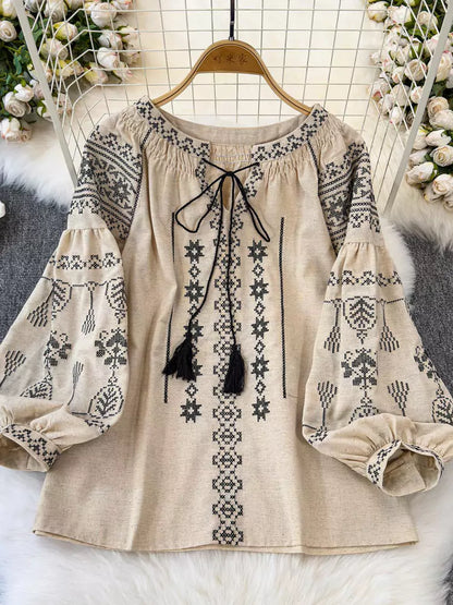Ethno-Stil, bestickte, locker sitzende Bluse mit Laternenärmeln und Bindebändern für Damen