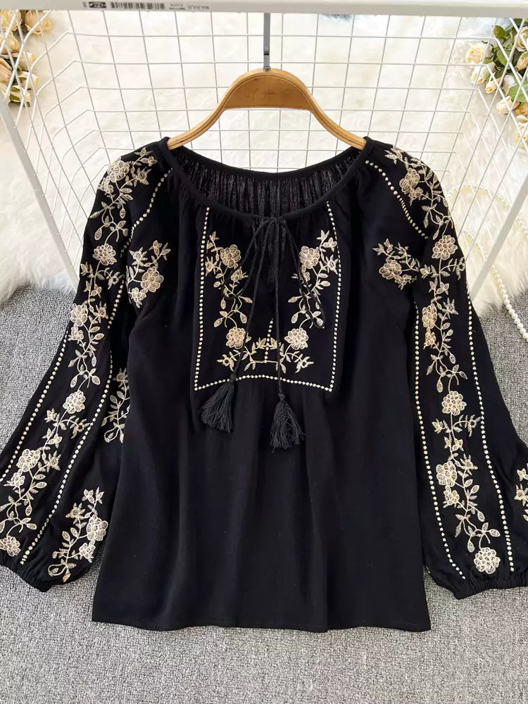 Vintage Black Boho Style Embroidered Long Sleeve Babydoll Blouse for Women