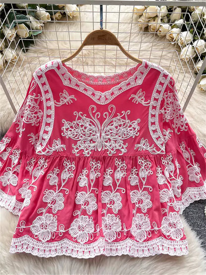 Vintage-Bluse im Boho-Stil, gelb, mit Häkelspitze und 3/4-Ärmeln, für Damen