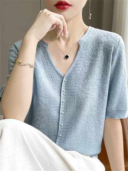 Elegante blaue V-Ausschnitt-Bluse mit Perlenbesatz zum Überziehen für Damen