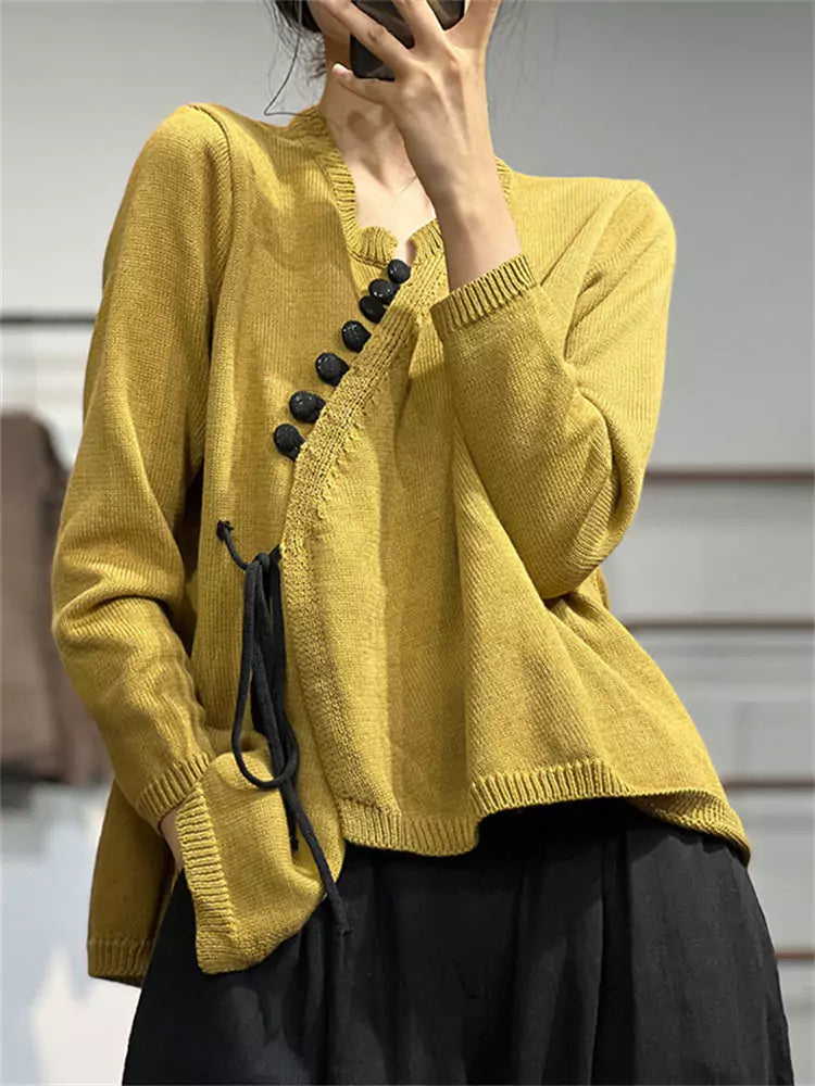 Vintage-Strickbluse im chinesischen Stil mit asymmetrischem Muster für Damen
