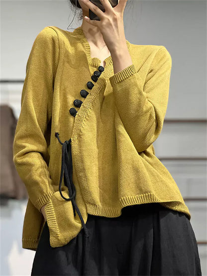 Blusa de punto asimétrica estilo chino vintage para mujer