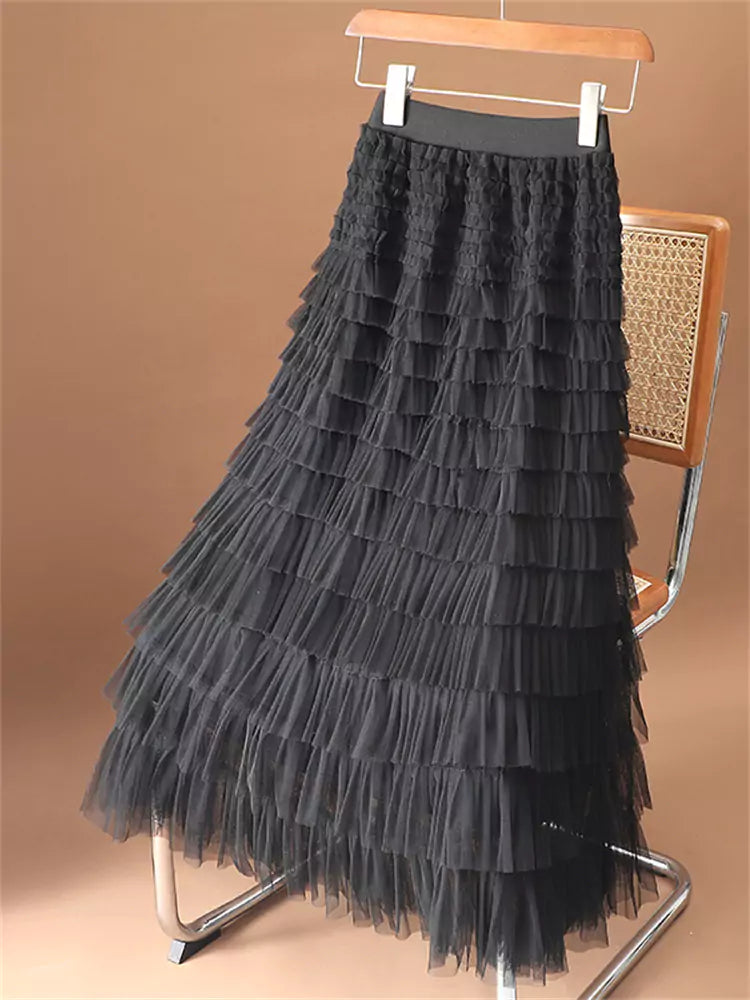 Elegant Apricot High-End Mesh Layered A-Line Cake Skirt for Women
