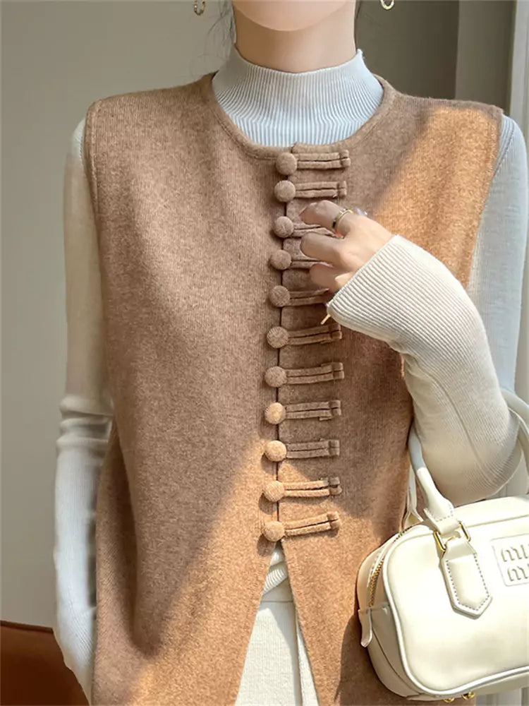 Nuevo chaleco de punto estilo chino color camello para mujer, otoño/invierno, sin mangas, holgado, con cierre de botón de rana
