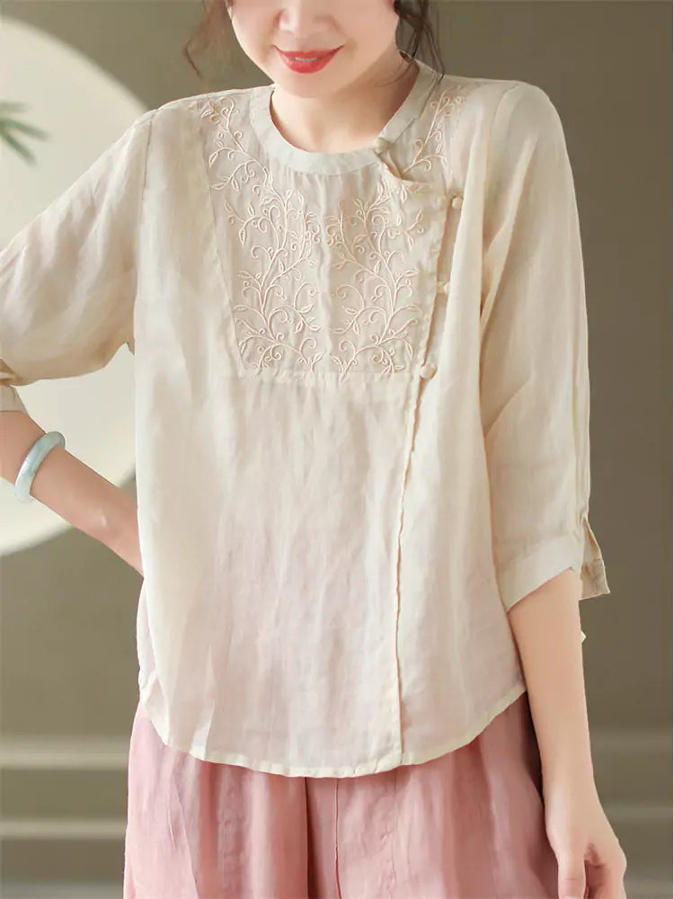 Vintage Chinese Style Green Asymmetric Placket Embroidered  Ramie Top for Women