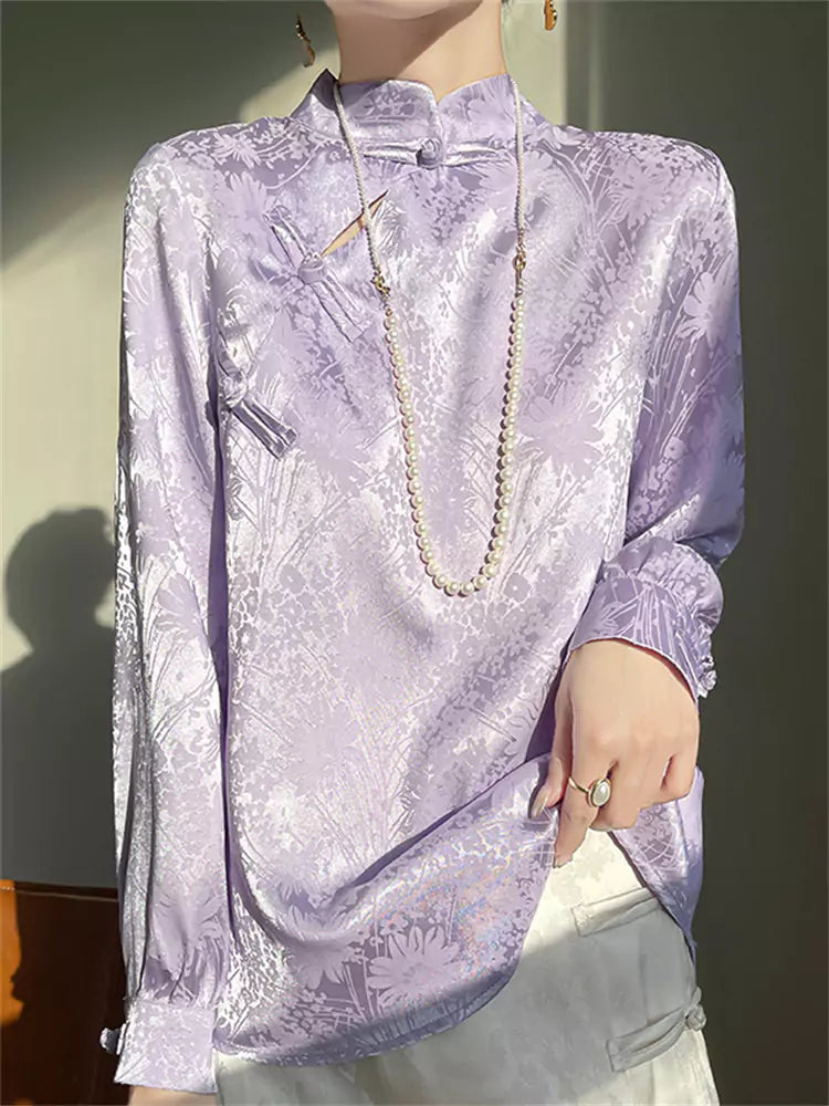 New Chinese Style Turquoise Green Jacquard Satin Blouse for Women