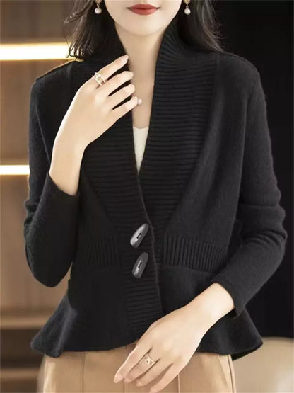 Cárdigan de punto verde con cuello en V para mujer: elegante chaqueta informal tipo suéter