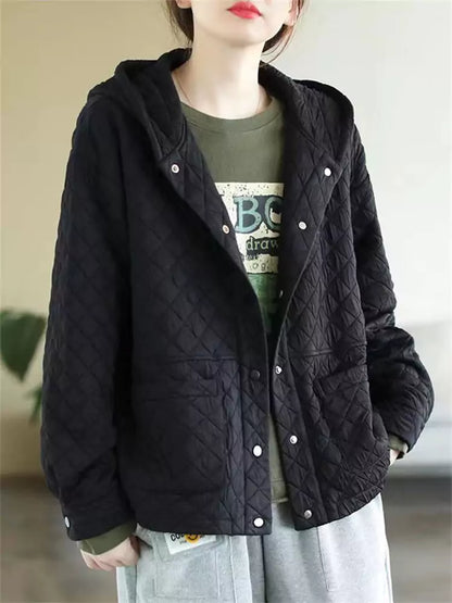 Orangefarbene, wattierte Baumwolljacke mit Kapuze für Damen