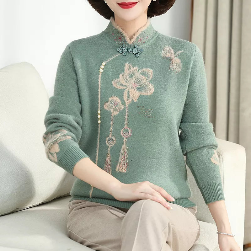 Camel Stand Collar Printed Knit Sweater for Women