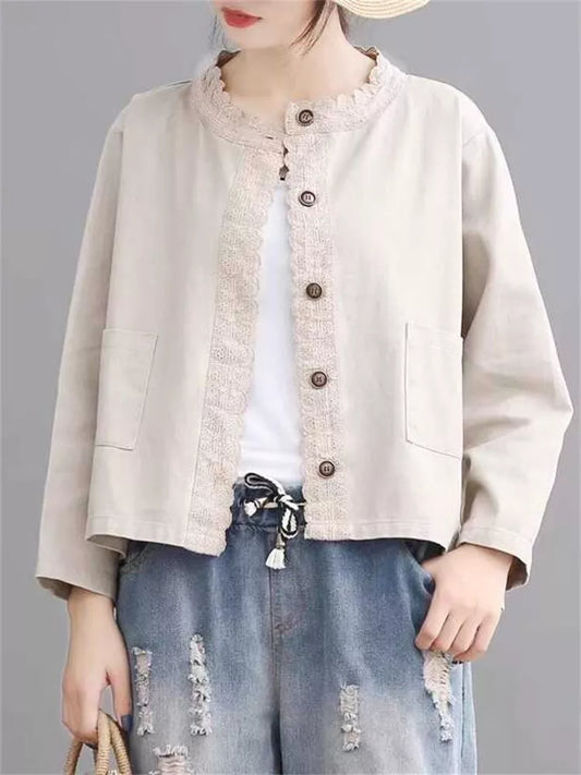 Women’s Beige Cotton Denim Embroidered Short Jacket