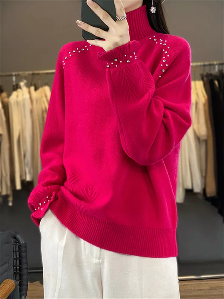 Suéter de punto con cuello alto y adornos para mujer