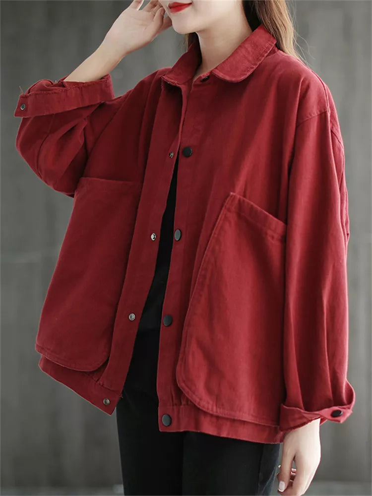 Chaqueta camisera elegante de talla grande con cuello y bolsillos grandes