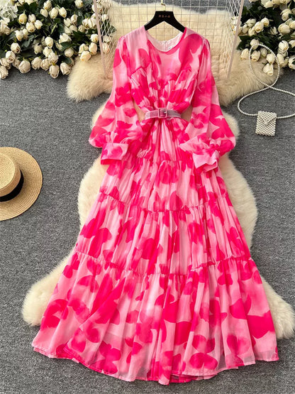 Elegantes, bedrucktes Maxikleid im französischen Stil mit Laternenärmeln für Damen