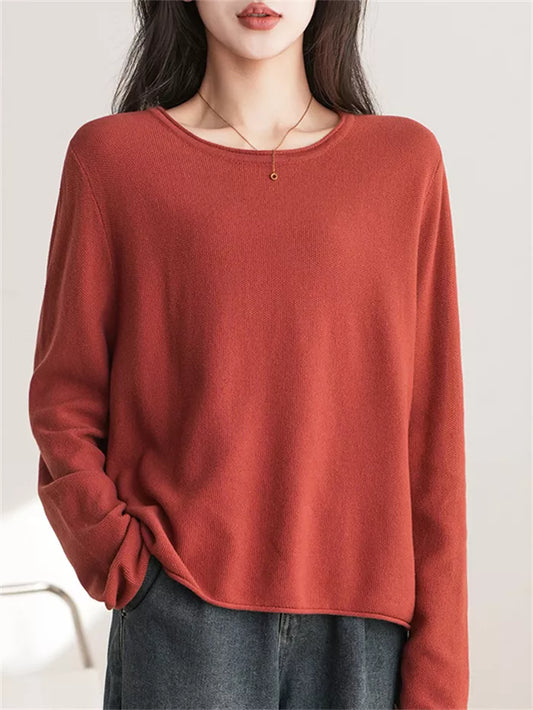 Women's Red Cotton Crew Neck Knit Pullover Sweater - Soft Long Sleeve Casual Top