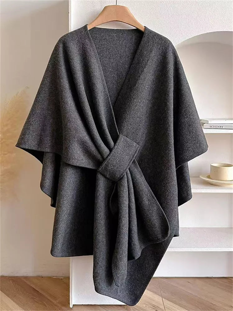 Women's Elegant Charcoal Grey Knotted Front Poncho Cape