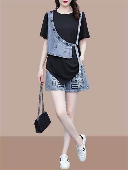 Modisches Kurzarm-T-Shirt mit asymmetrischem Patchwork-Muster in Zweiteiler-Optik für Damen