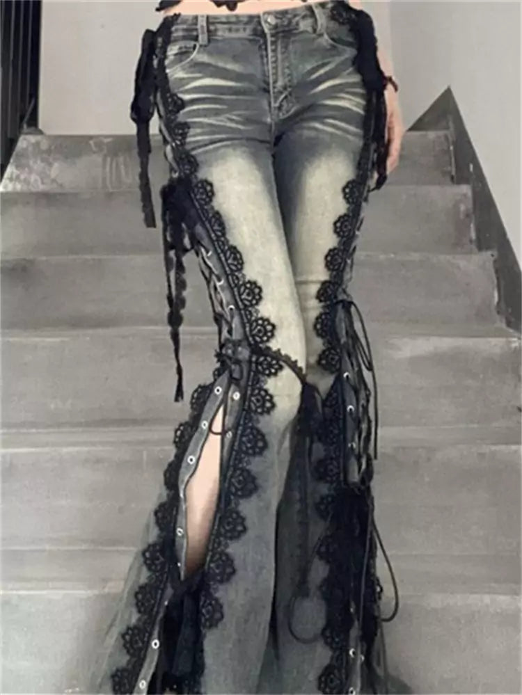 Vintage Plus Size Slim Fit Lace-Up Split Denim Flared Pants for Women