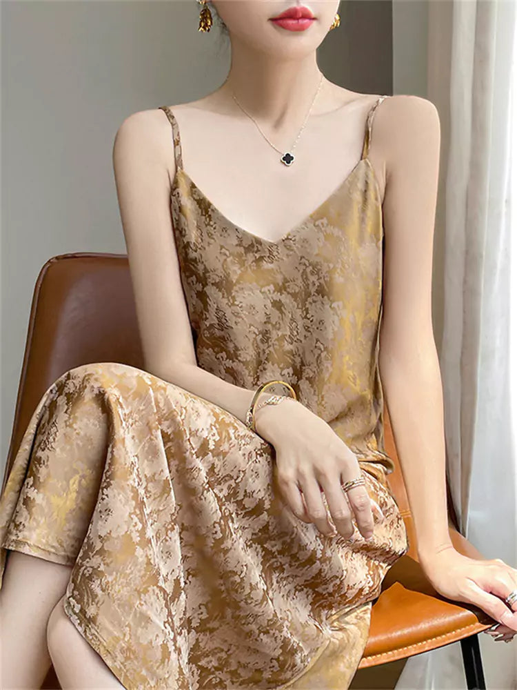 Elegant Blue Silk Slip Dress with Oriental Jacquard and A-Line Silhouette