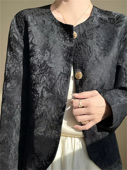 Elegante aprikosenfarbene Jacquard-Jacke mit Rundhalsausschnitt und orientalischem Design