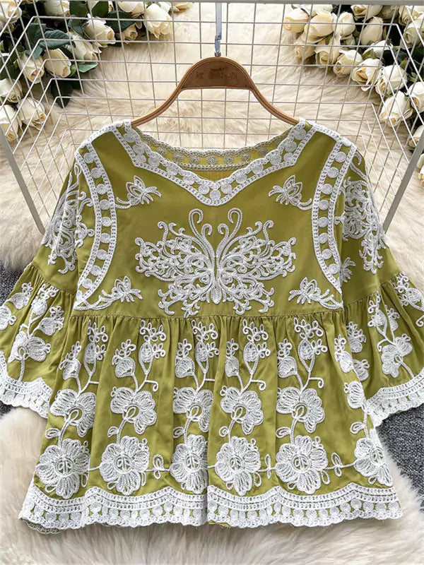 Vintage-Bluse im Boho-Stil, gelb, mit Häkelspitze und 3/4-Ärmeln, für Damen