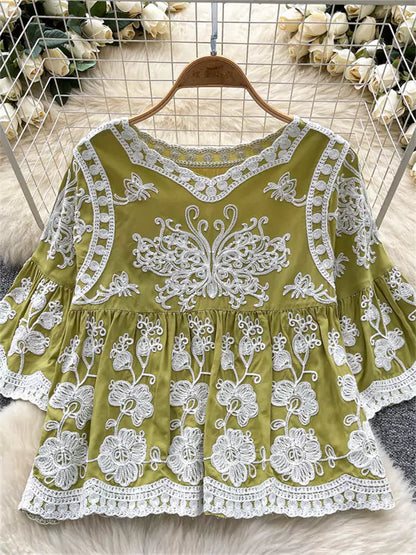 Vintage-Bluse im Boho-Stil, gelb, mit Häkelspitze und 3/4-Ärmeln, für Damen