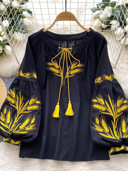 Vintage-Bluse im Bohème-Stil mit Stickerei, Bindekragen und Laternenärmeln für Damen