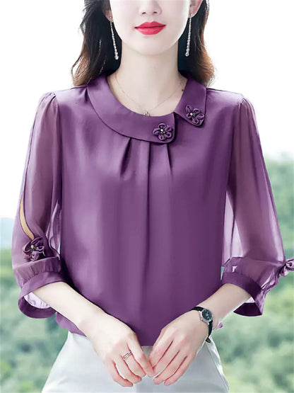 Blusa de seda morera de verano con cuello Peter Pan y mangas 3/4 para mujer