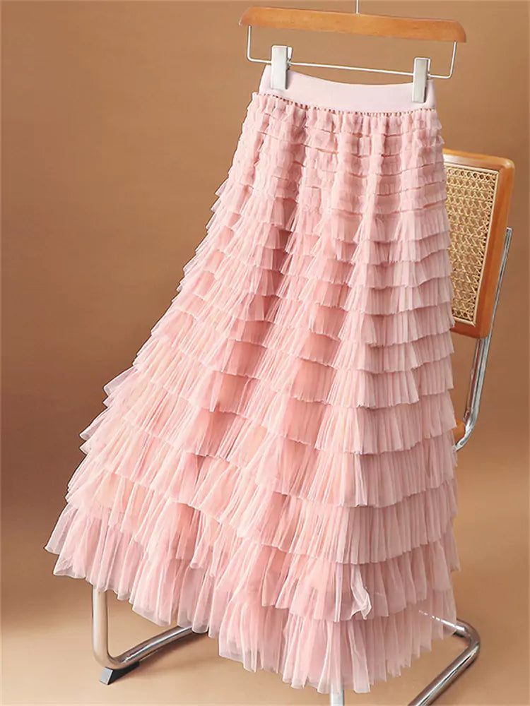 Eleganter, aprikosenfarbener, hochwertiger, mehrlagiger A-Linien-Rock aus Mesh für Damen