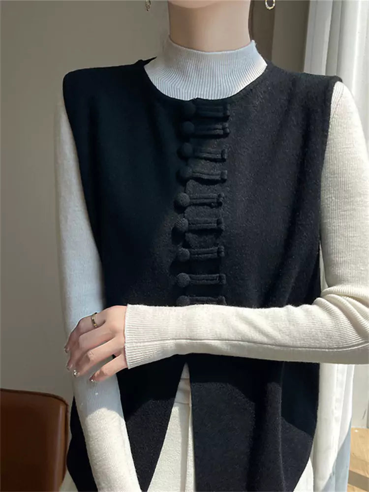 Nuevo chaleco de punto estilo chino color camello para mujer, otoño/invierno, sin mangas, holgado, con cierre de botón de rana