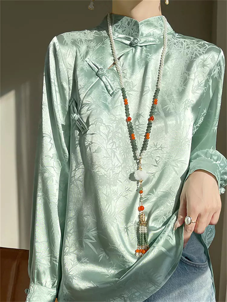 New Chinese Style Turquoise Green Jacquard Satin Blouse for Women