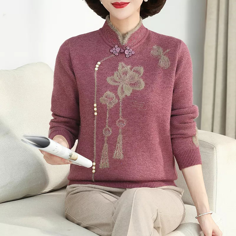 Camel Stand Collar Printed Knit Sweater for Women