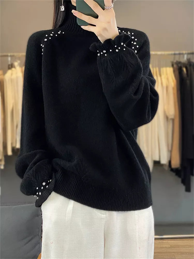 Suéter de punto con cuello alto y adornos para mujer