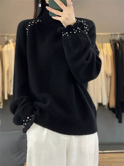 Suéter de punto con cuello alto y adornos para mujer