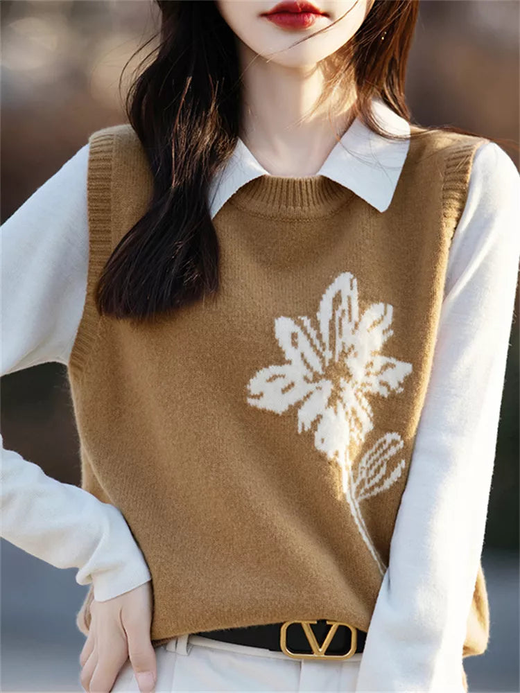 Black Floral Knit Vest for Women