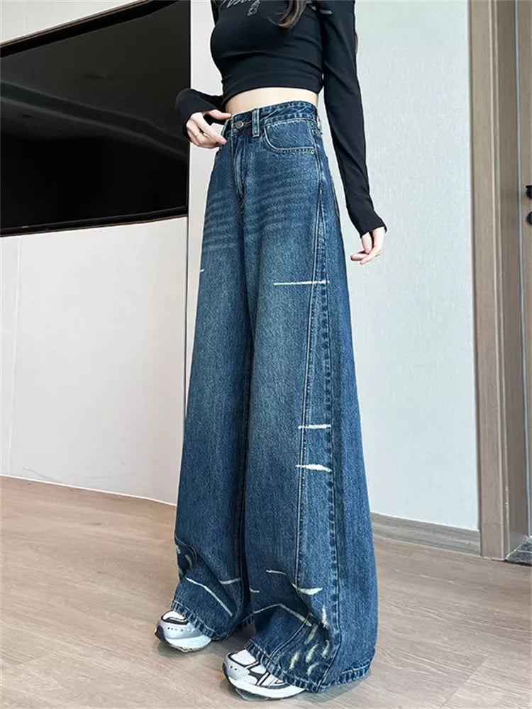 Pantalones vaqueros desgastados de pierna ancha estilo americano vintage para mujer