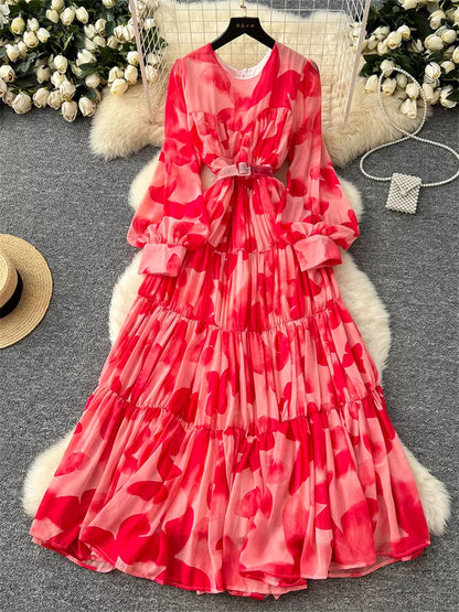 Elegantes, bedrucktes Maxikleid im französischen Stil mit Laternenärmeln für Damen