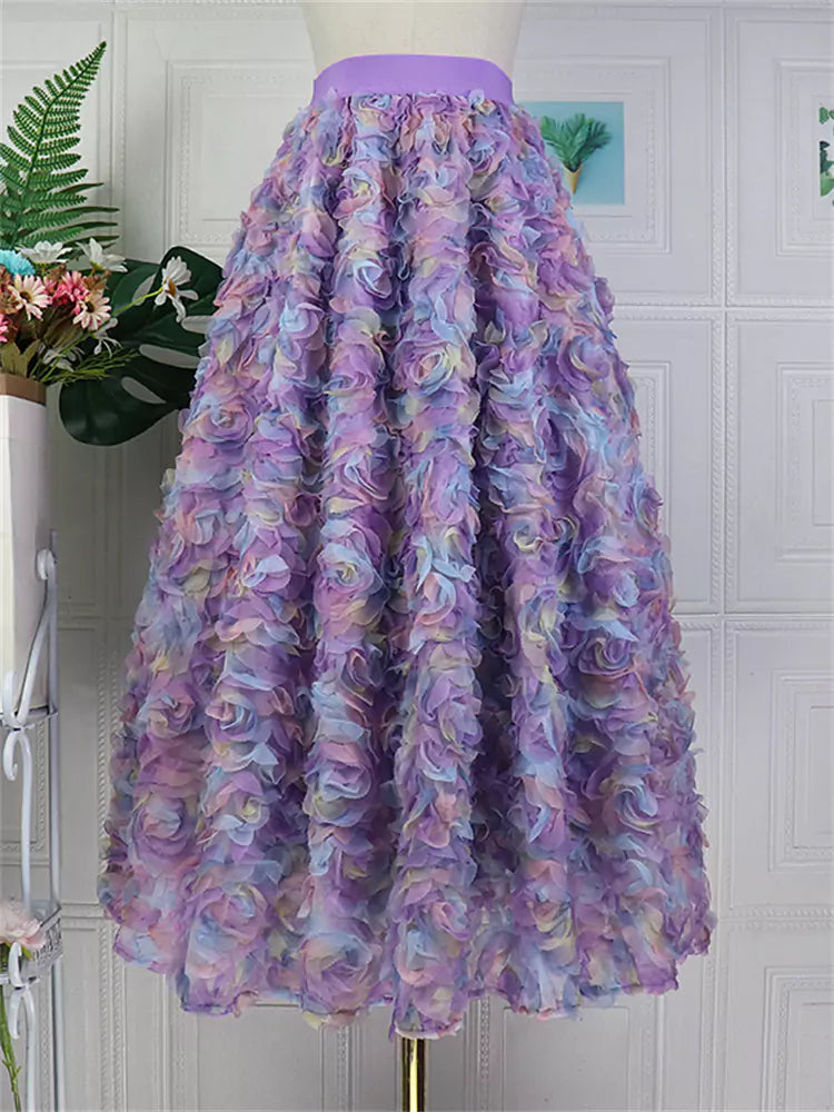Elegant Fairy-Style Long Tulle Skirt with 3D Floral Details