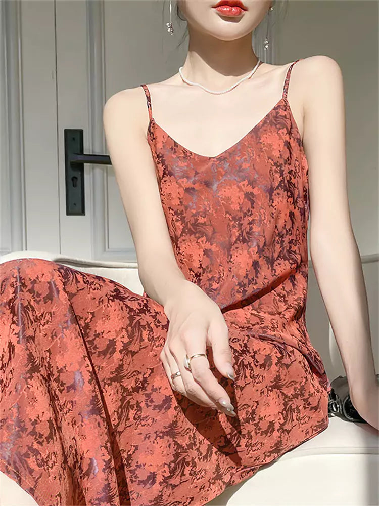 Elegant Blue Silk Slip Dress with Oriental Jacquard and A-Line Silhouette