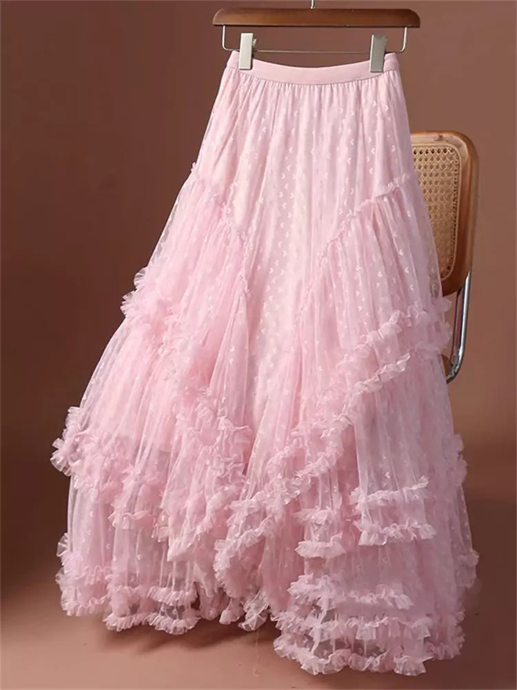 Falda larga de malla escalonada Fairycore de talla grande con corazones de jacquard