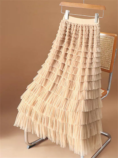 Eleganter, aprikosenfarbener, hochwertiger, mehrlagiger A-Linien-Rock aus Mesh für Damen