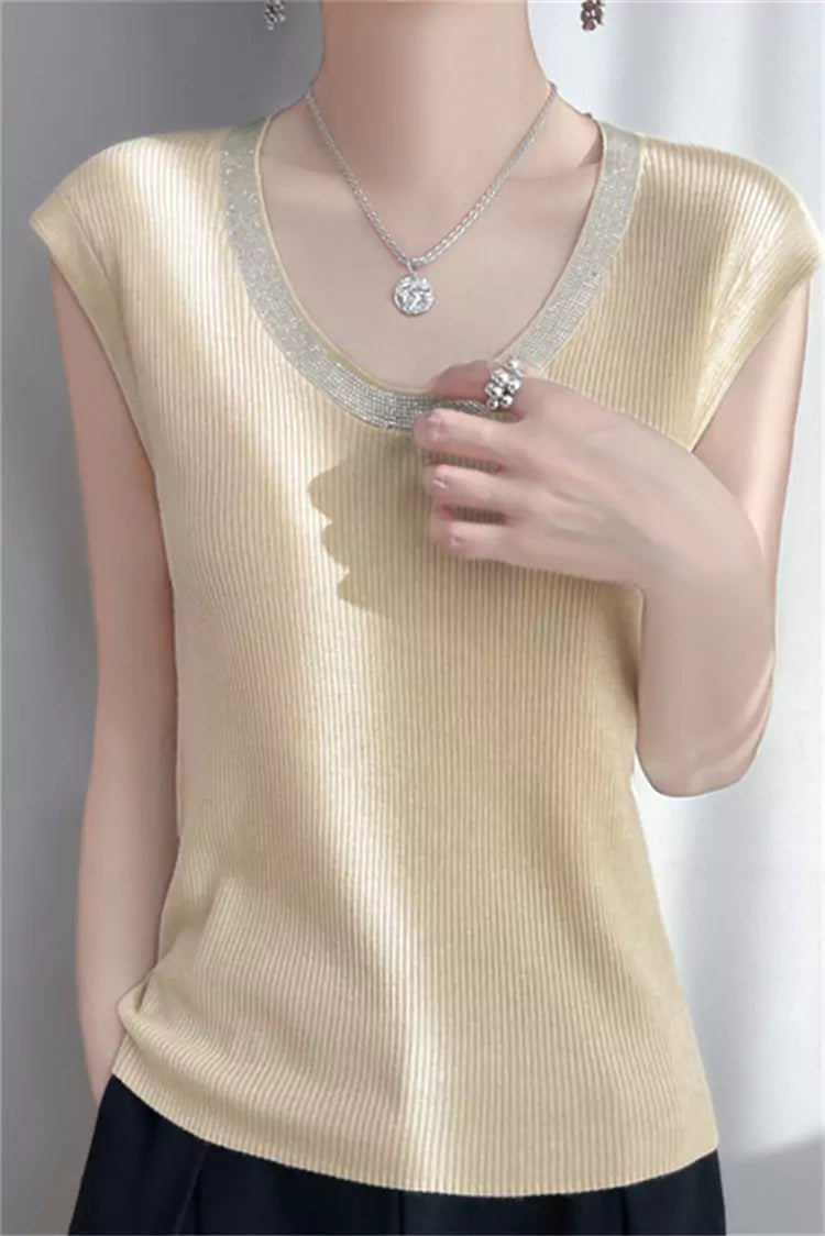 Elegante camiseta de tirantes de punto con escote redondo bajo y adornos de diamantes de imitación negros para mujer