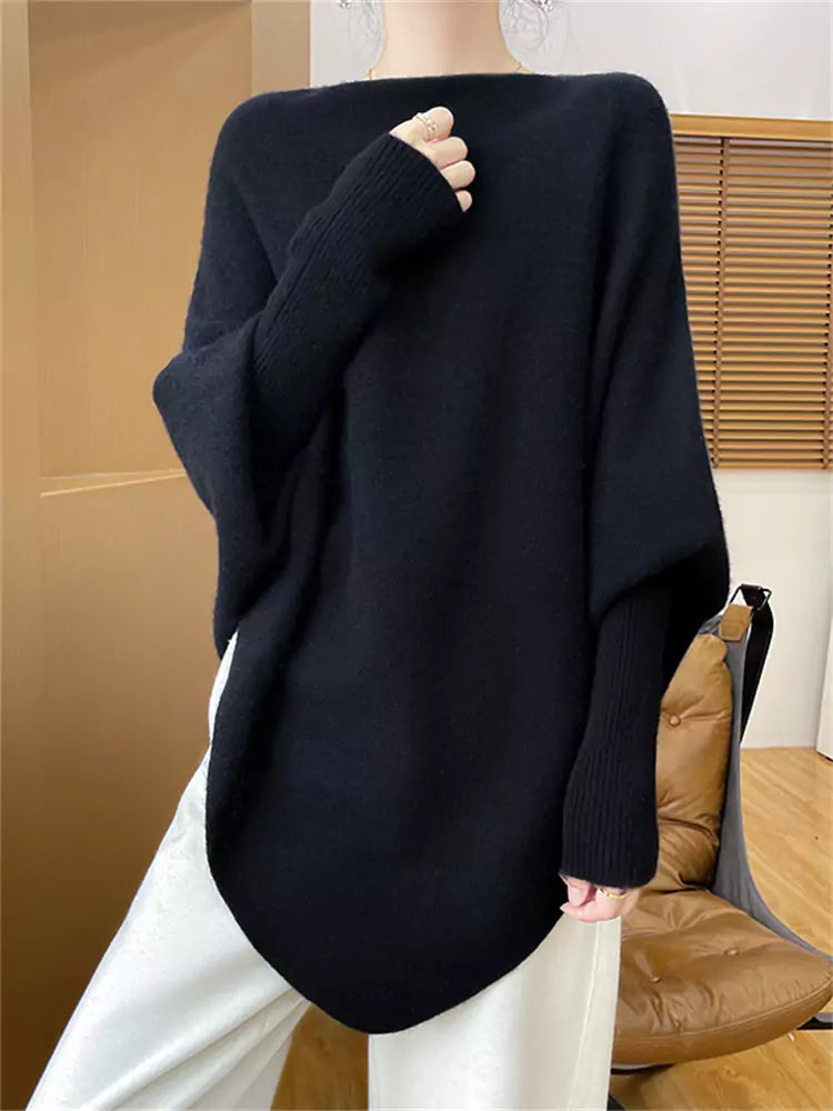 Wool Knit Camel Boat Neck Poncho Sweater – Loose Pullover Mid-Length Shawl for Autumn & Winter