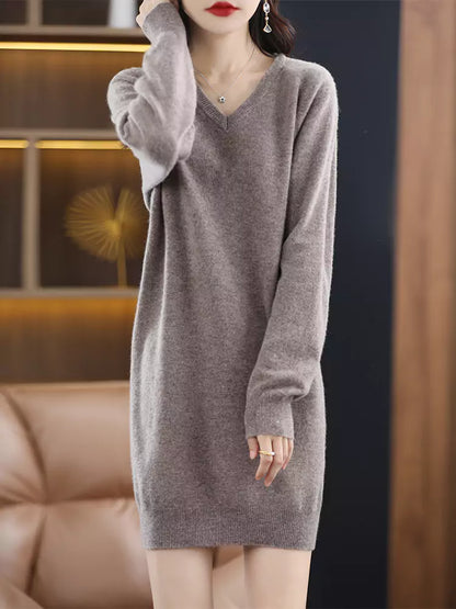Grüner Damen-Wollpullover mit V-Ausschnitt, lockerer Passform und mittellangem, figurbetontem Design